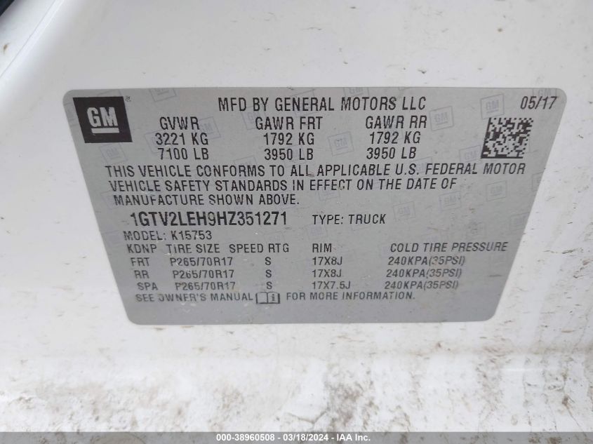 1GTV2LEH9HZ351271 2017 GMC Sierra 1500