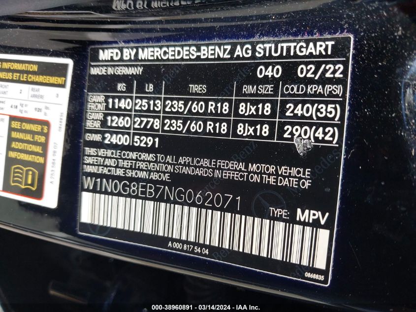 2022 Mercedes-Benz Glc 300 4Matic Suv VIN: W1N0G8EB7NG062071 Lot: 38960891