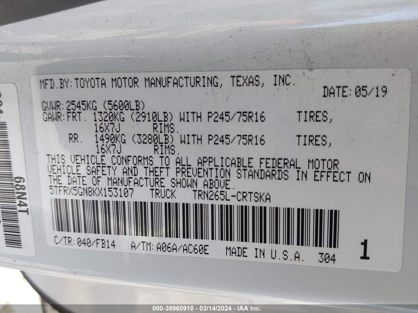 2019 TOYOTA TACOMA SR - 5TFRX5GN8KX153107