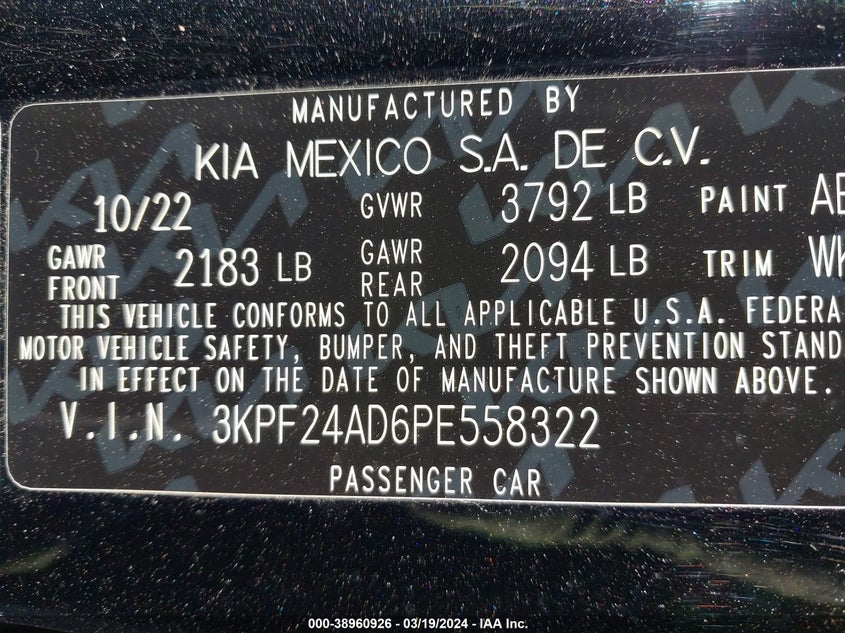 VIN 3KPF24AD6PE558322 2023 KIA FORTE LXS