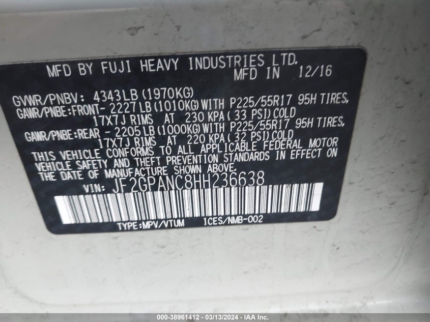 VIN JF2GPANC8HH236638 2017 SUBARU CROSSTREK LIMITED