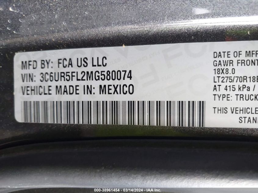 2021 Ram 2500 Laramie 4X4 6'4 Box VIN: 3C6UR5FL2MG580074 Lot: 38961454