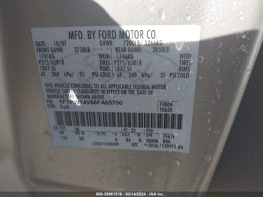 2008 FORD F-150 VIN: 1FTPW14V88FA65700