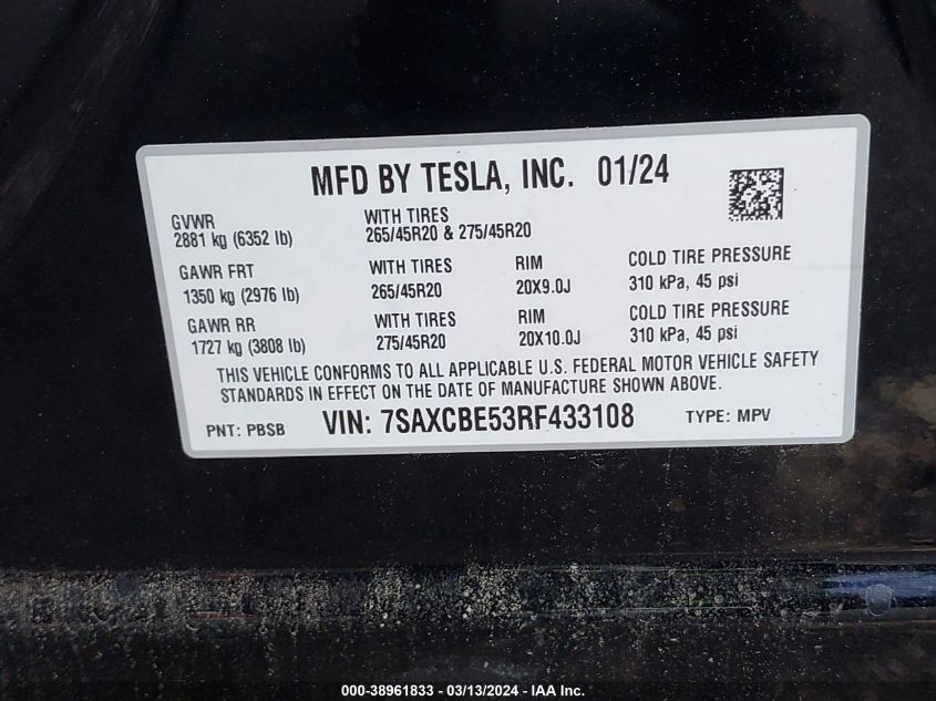 2024 Tesla Model X Long Range VIN: 7SAXCBE53RF433108 Lot: 38961833