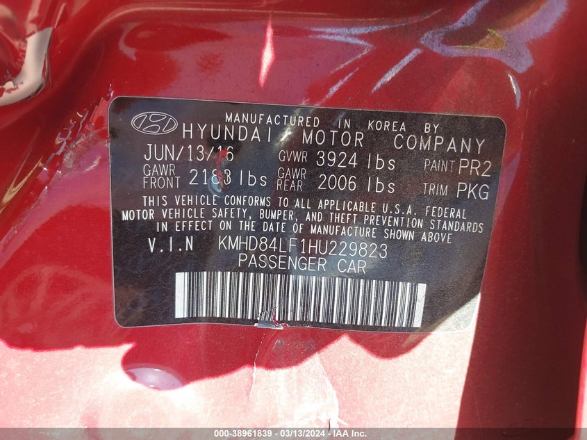 VIN KMHD84LF1HU229823 2017 HYUNDAI ELANTRA SE/VALUE/LIMITED