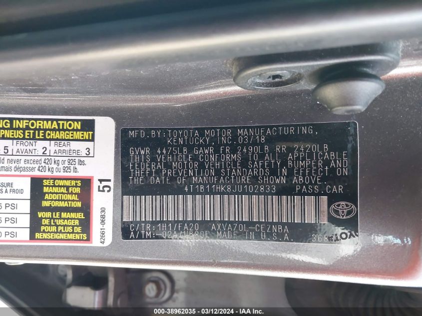 4T1B11HK8JU102833 2018 Toyota Camry Le