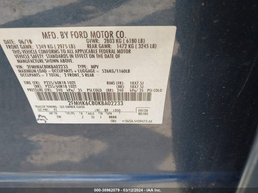 VIN 2FMHK6C80KBA02233 2019 FORD FLEX SEL