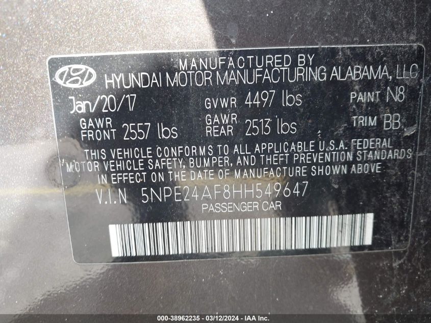 5NPE24AF8HH549647 | 2017 HYUNDAI SONATA