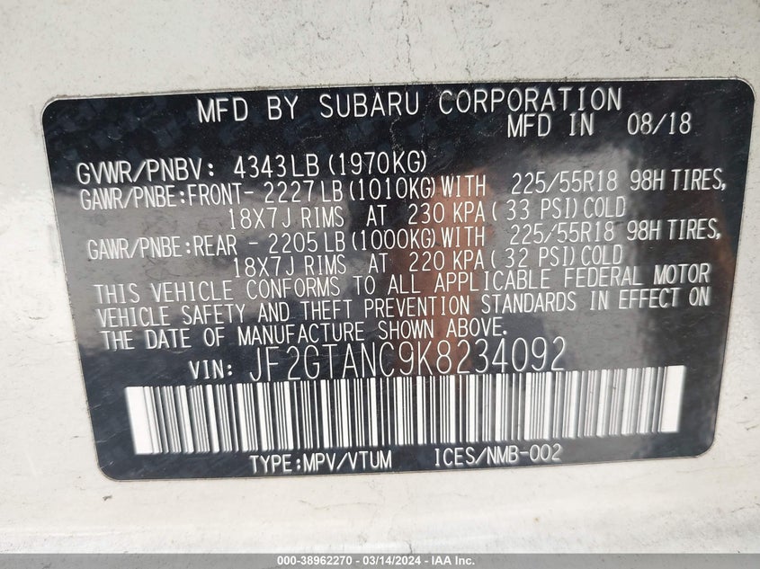 VIN JF2GTANC9K8234092 2019 SUBARU CROSSTREK LIMITED