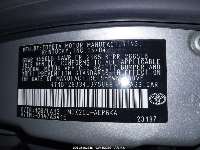 4T1BF28B34U375688 | 2004 TOYOTA AVALON