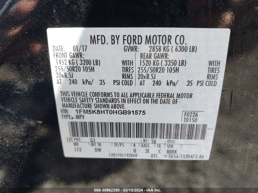 1FM5K8HT0HGB91575 2017 Ford Explorer Platinum