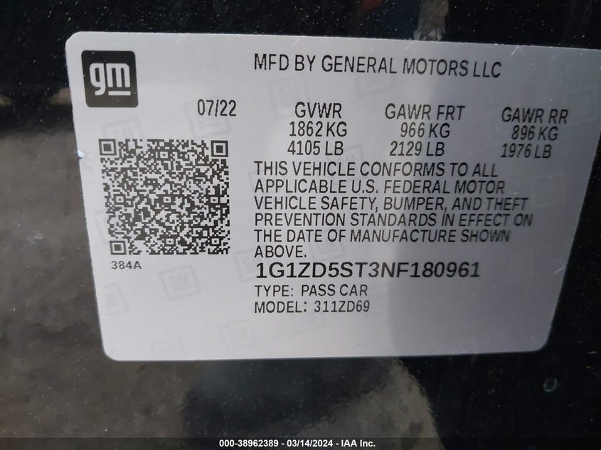 2022 CHEVROLET MALIBU LT - 1G1ZD5ST3NF180961