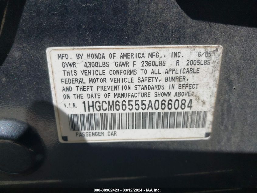 1HGCM66555A066084 | 2005 HONDA ACCORD