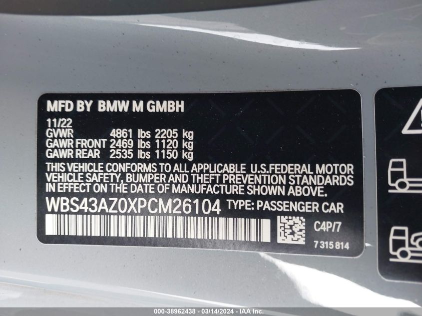 Auction sale of the 2023 BMW M4 , vin: WBS43AZ0XPCM26104, lot number: 38962438