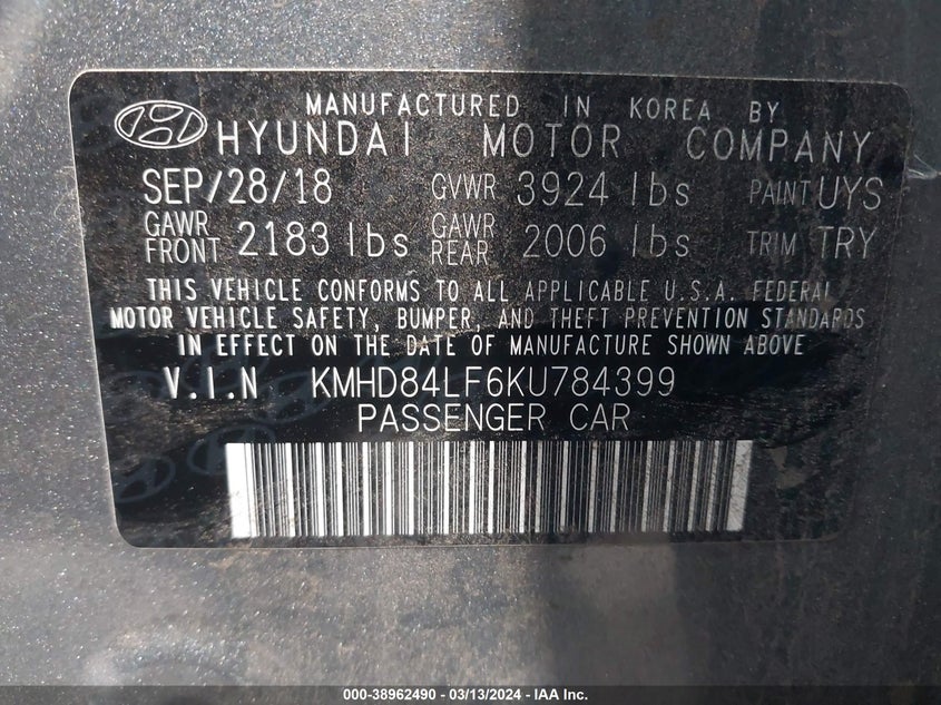 VIN KMHD84LF6KU784399 2019 HYUNDAI ELANTRA SEL/VALUE/LIMITED
