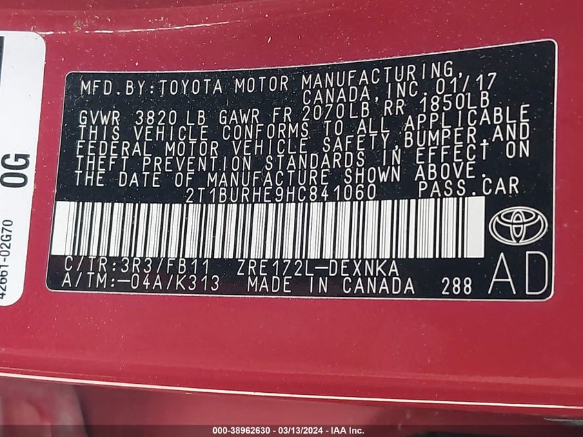 VIN 2T1BURHE9HC841060 2017 TOYOTA COROLLA L/LE/XLE/SE/XSE
