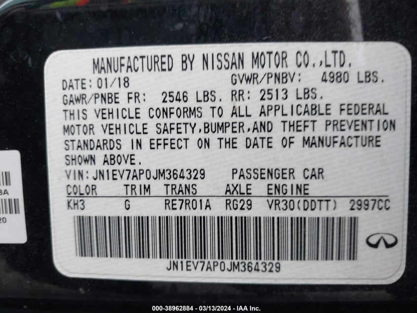 VIN JN1EV7AP0JM364329 2018 INFINITI Q50 LUXE/SPORT