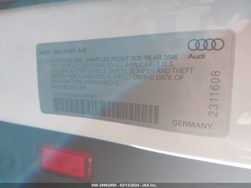 2021 Audi A5 Sportback Premium 45 Tfsi Quattro S Tronic VIN: WAUDACF54MA062582 Lot: 38962958