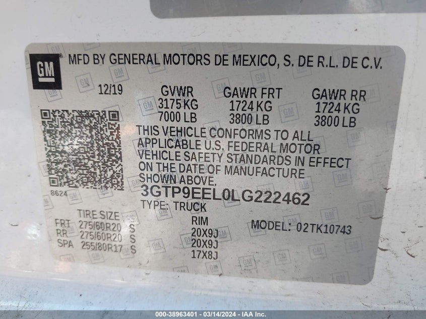 2020 GMC SIERRA 1500 4WD  STANDARD BOX AT4 - 3GTP9EEL0LG222462