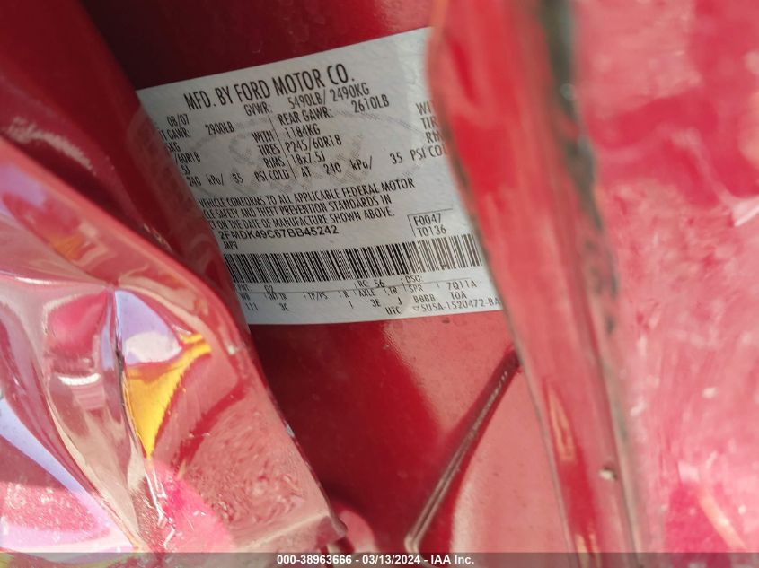 2007 Ford Edge Sel Plus VIN: 2FMDK49C67BB45242 Lot: 38963666