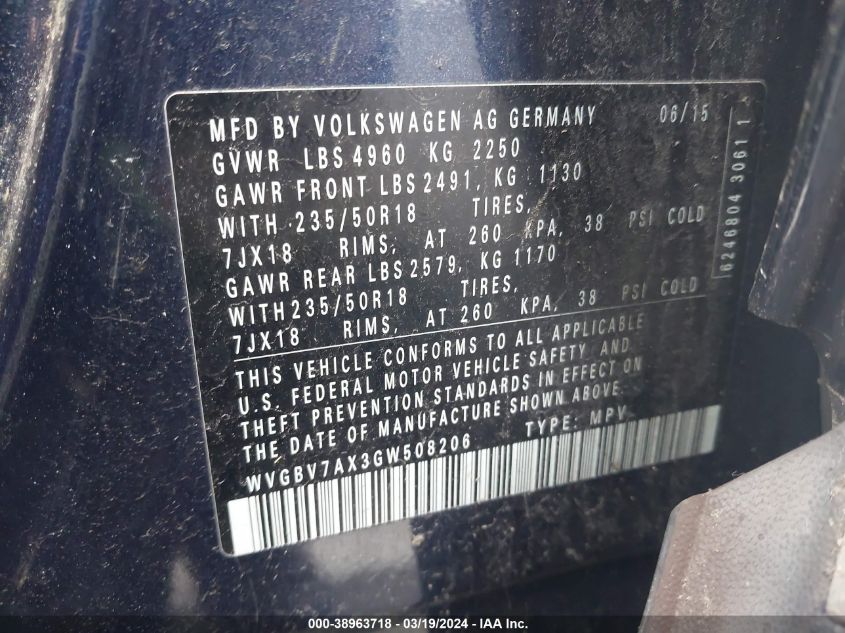 2016 VOLKSWAGEN TIGUAN SE - WVGBV7AX3GW508206