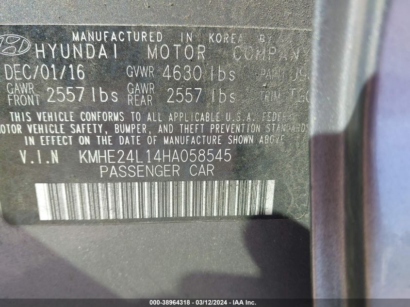 KMHE24L14HA058545 | 2017 HYUNDAI SONATA HYBRID