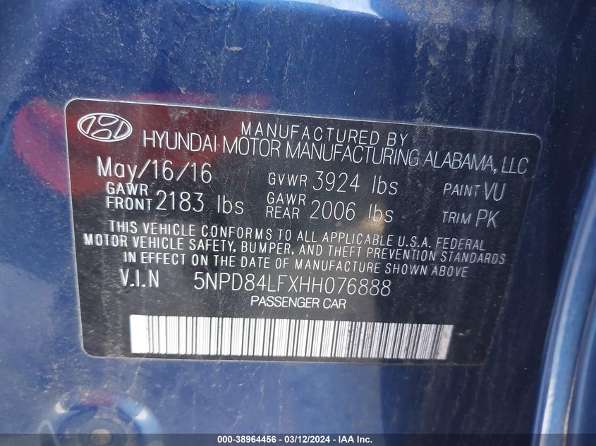 2017 HYUNDAI ELANTRA SE - 5NPD84LFXHH076888