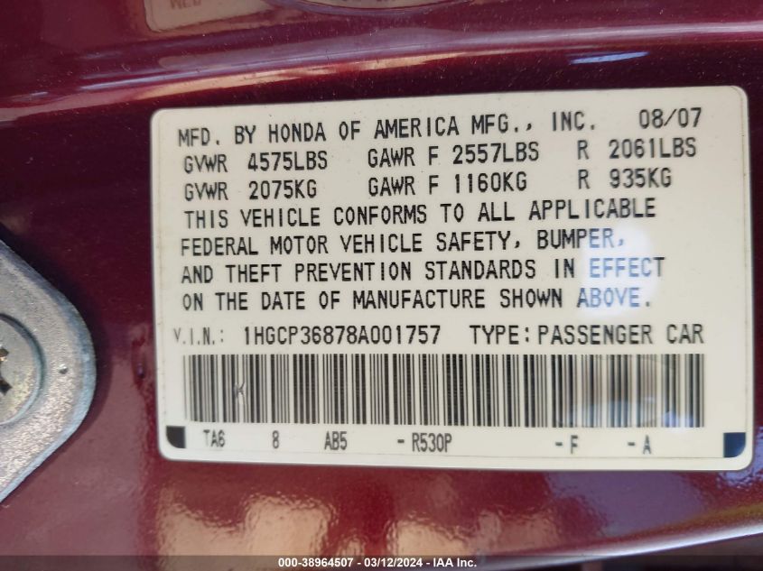 1HGCP36878A001757 | 2008 HONDA ACCORD