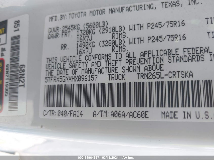 2017 TOYOTA TACOMA SR - 5TFRX5GNXHX096157