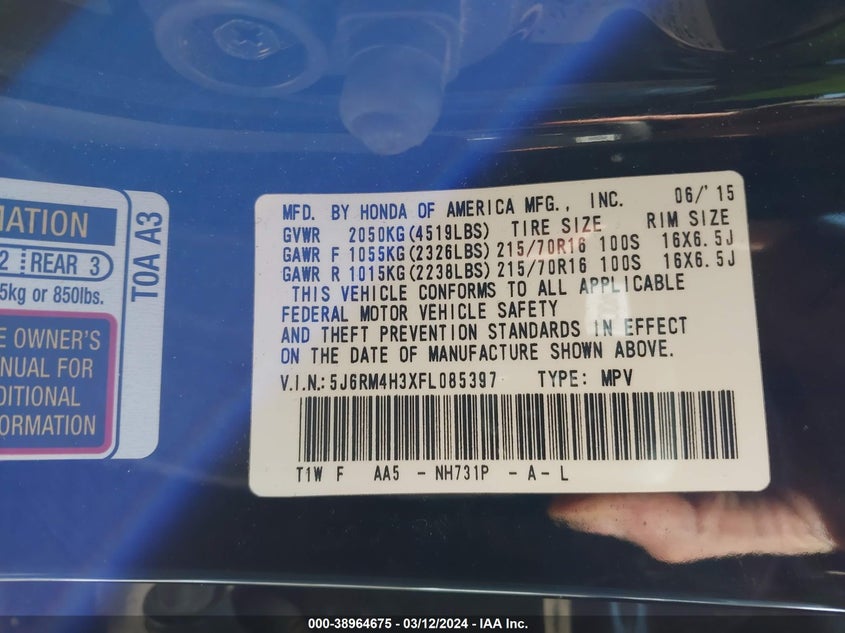 2015 HONDA CR-V LX - 5J6RM4H3XFL085397