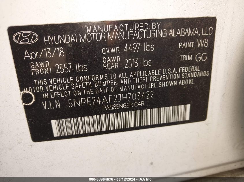 5NPE24AF2JH703422 2018 Hyundai Sonata Se