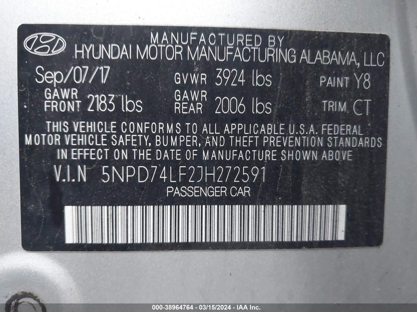 VIN 5NPD74LF2JH272591 2018 HYUNDAI ELANTRA SE
