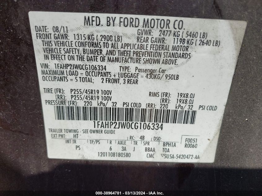 2012 Ford Taurus Limited VIN: 1FAHP2JW0CG106334 Lot: 38964781