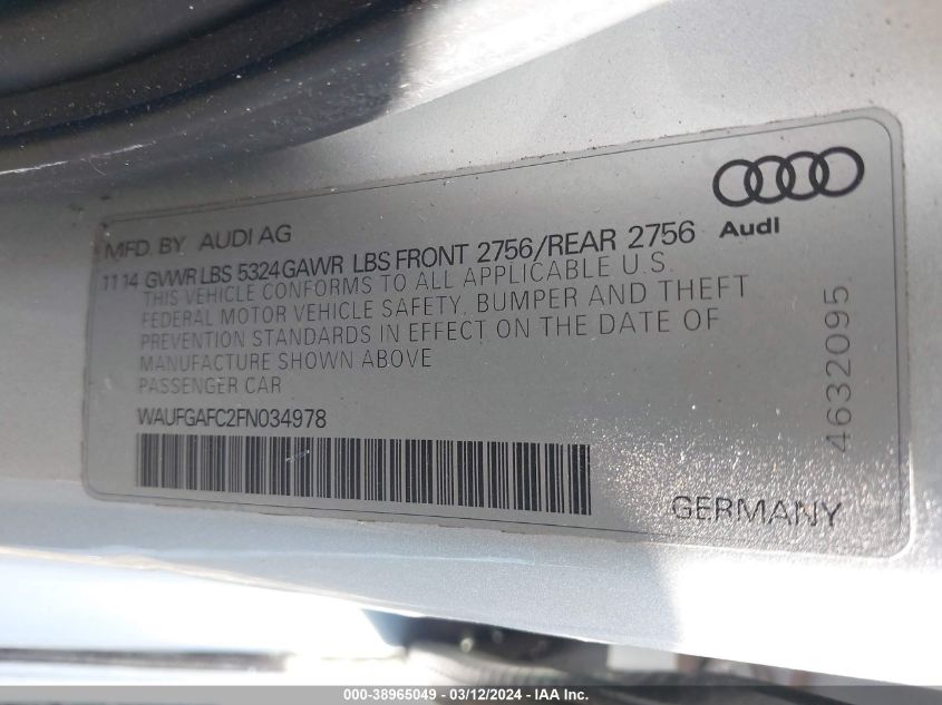 WAUFGAFC2FN034978 2015 Audi A6 3.0T Premium Plus