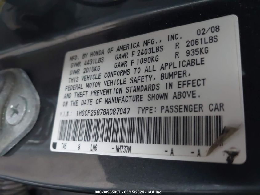 1HGCP26878A087047 | 2008 HONDA ACCORD