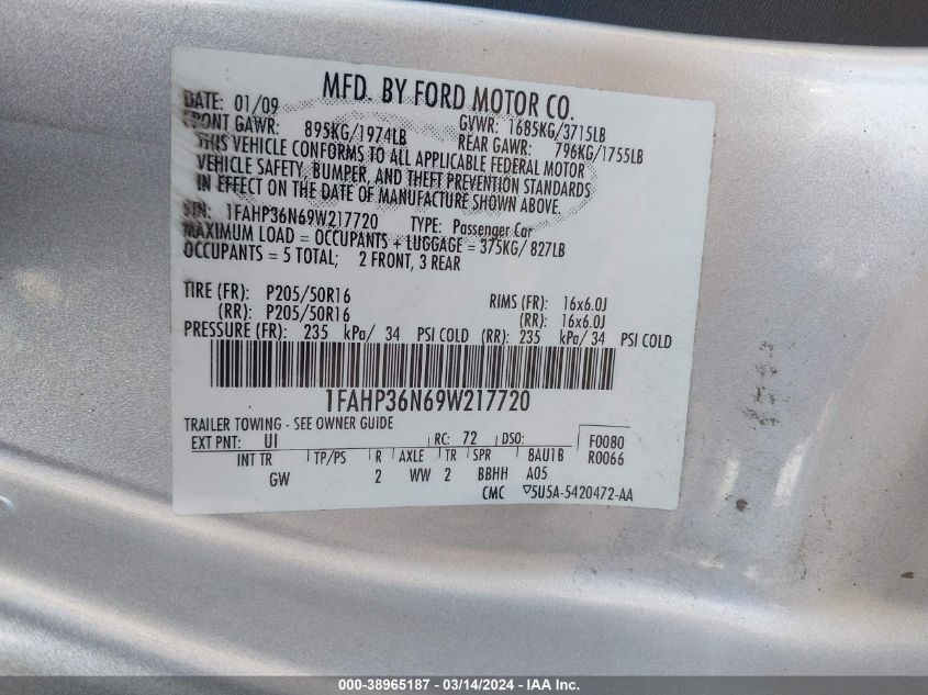 1FAHP36N69W217720 | 2009 FORD FOCUS