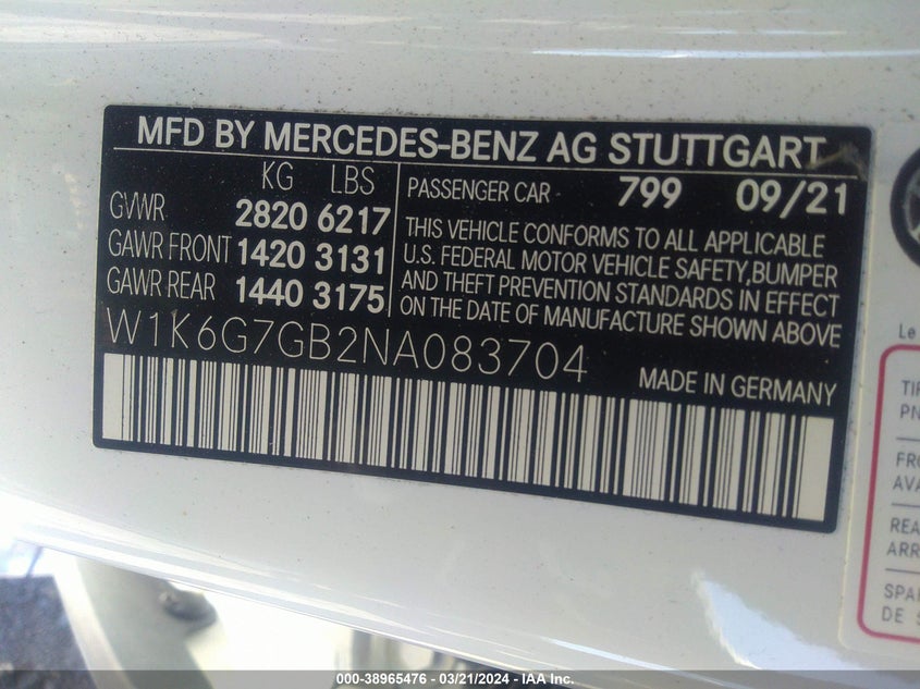 2022 MERCEDES-BENZ S 580 4MATIC - W1K6G7GB2NA083704