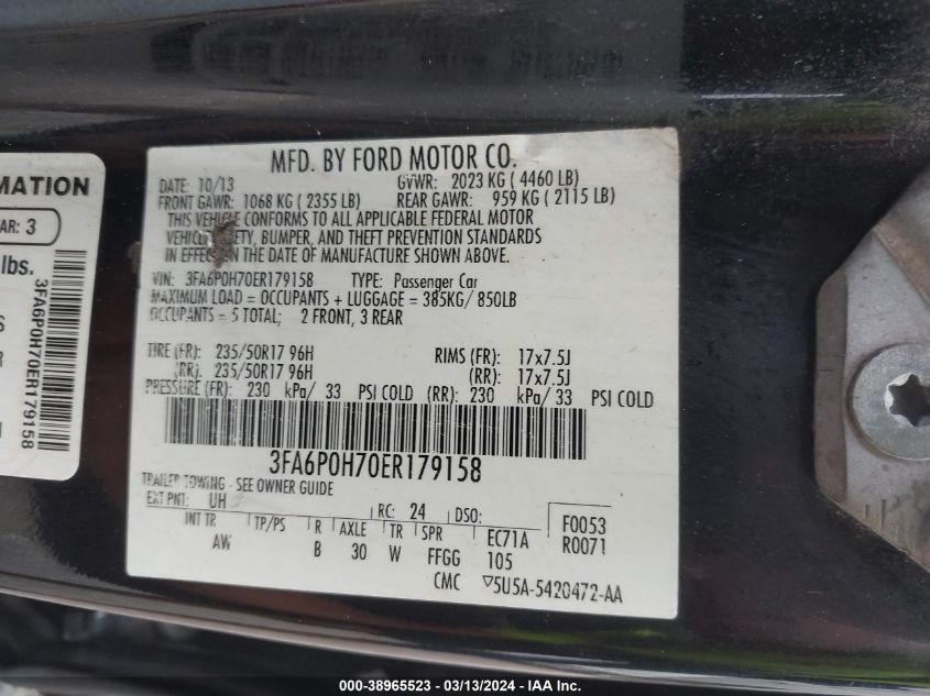 3FA6P0H70ER179158 | 2014 FORD FUSION