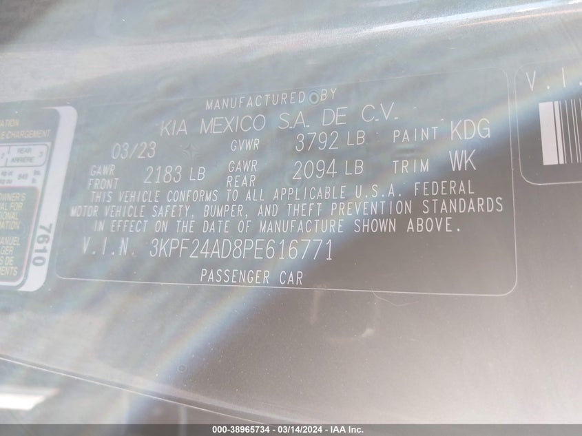 VIN 3KPF24AD8PE616771 2023 KIA FORTE LXS