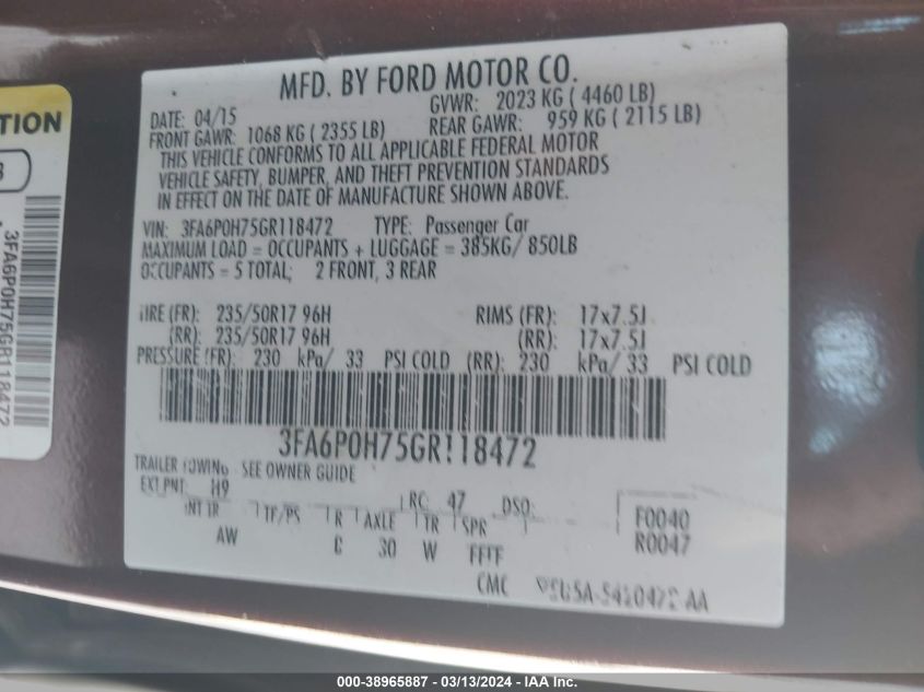 3FA6P0H75GR118472 | 2016 FORD FUSION