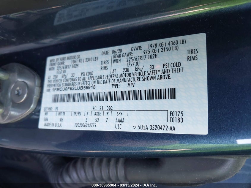 VIN 1FMCU0F62LUB56918 2020 FORD ESCAPE S