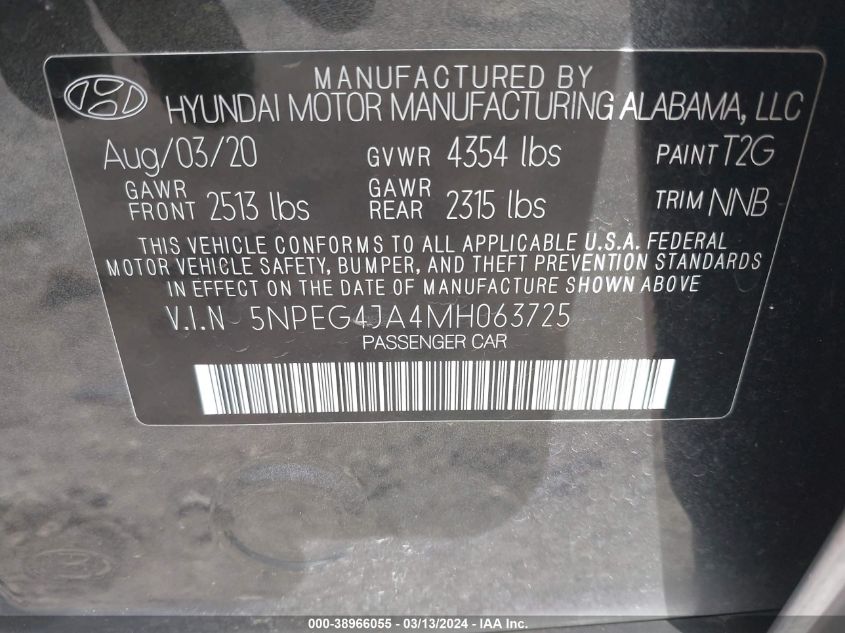 2021 Hyundai Sonata Se VIN: 5NPEG4JA4MH063725 Lot: 38966055