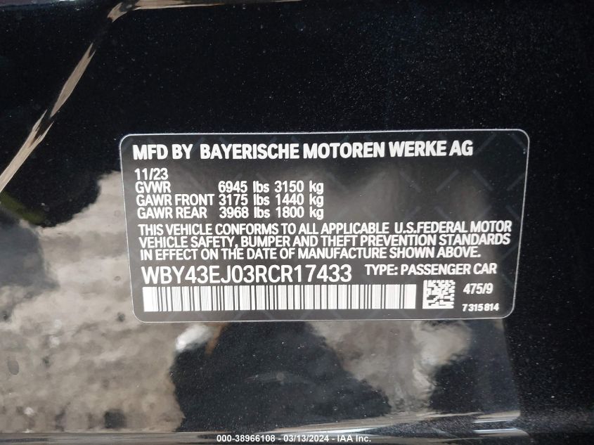2024 BMW I7 EDRIVE50 WBY43EJ03RCR17433