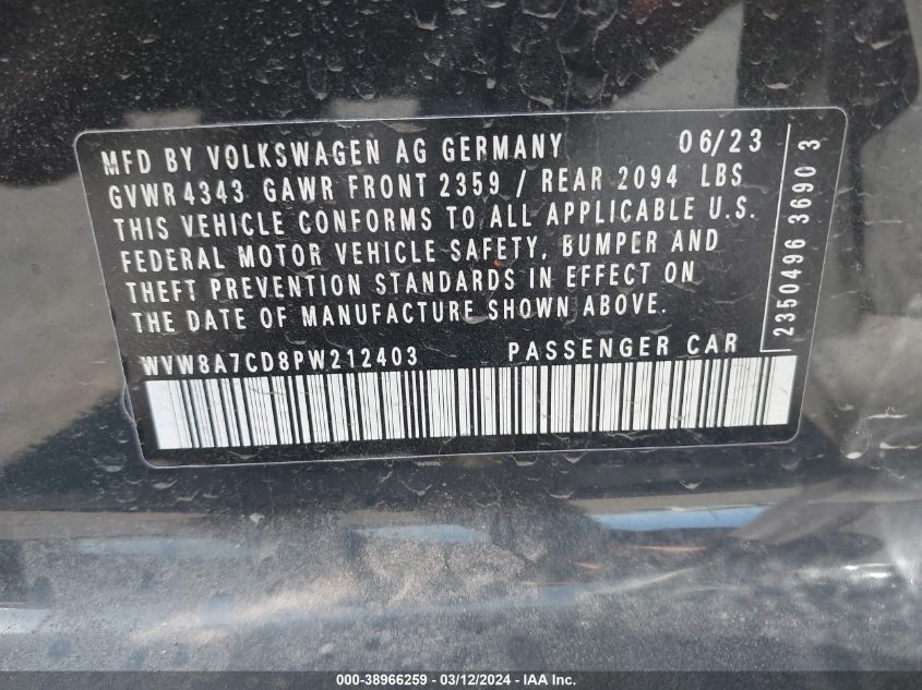 2023 VOLKSWAGEN GOLF GTI 2.0L I-4 DI, DOHC, V(VIN: WVW8A7CD8PW212403