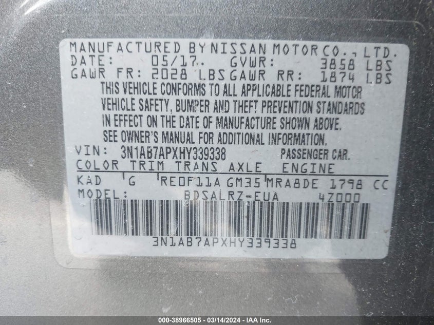 VIN 3N1AB7APXHY339338 2017 NISSAN SENTRA SR