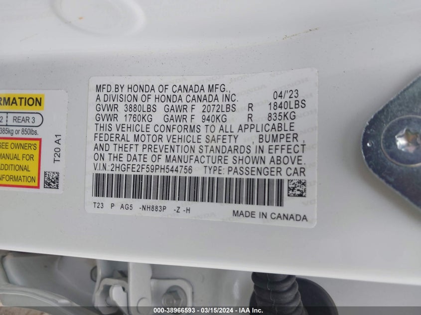 VIN 2HGFE2F59PH544756 2023 HONDA CIVIC SPORT