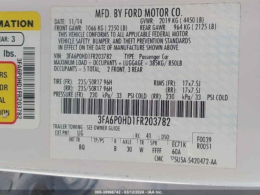 3FA6P0HD1FR203782 | 2015 FORD FUSION