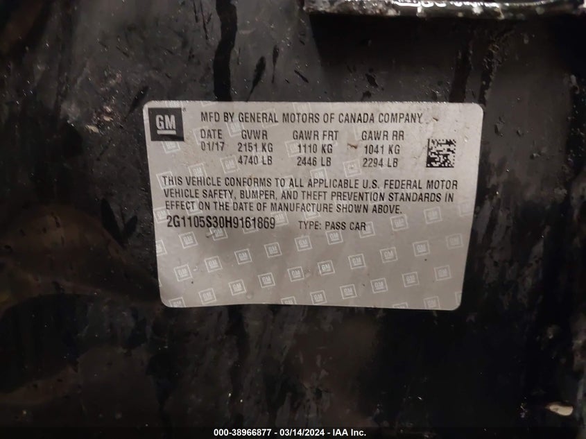 VIN 2G1105S30H9161869 2017 CHEVROLET IMPALA LT