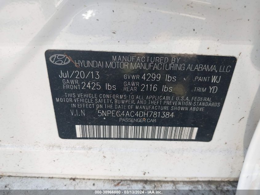 5NPEC4AC4DH781384 | 2013 HYUNDAI SONATA