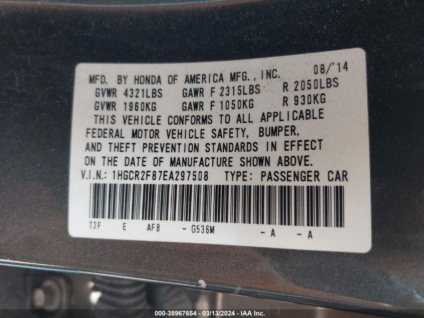 1HGCR2F87EA297508 | 2014 HONDA ACCORD